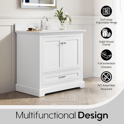 WELLFOR 36" Bathroom Vanity with Sink, Bathroom Freestanding Vanity W/ 2 Soft-Close Doors and 1 Soft-Close Drawers, Bathroom Cabinet Vanity with Engineered Stone Countertop, White