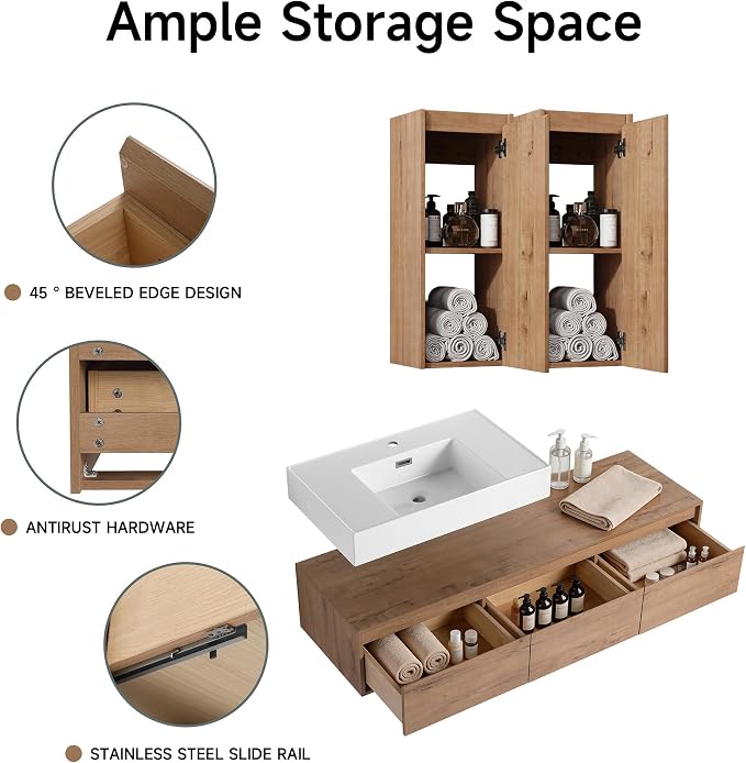 60 Inch Floating Bathroom Vanity with Single Sink, Modern Wall-Mounted Bathroom Cabinet with Resin Sink & Soft Close Drawers & Side Cabinet, Split-level Layout (Nature Oak, 60"+2 side cabinets)