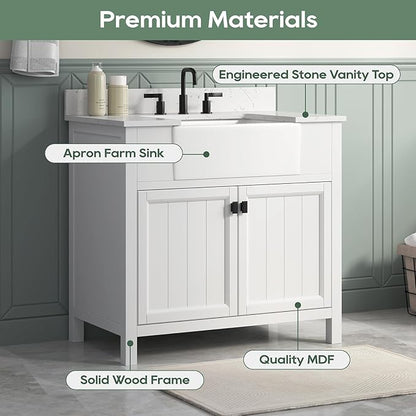 36 Inch White Bathroom Vanity with Sink, Farmhouse Bathroom Vanities Cabinet with Soft Closing Doors, Vanity for Bathroom with Apron Farm Sink, Solid Wooden Frame