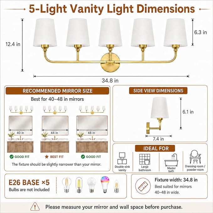 Bathroom Vanity Light, Brushed Gold Bathroom Lighting Fixtures Over Mirror | 5-Light Bathroom Light Fixtures with Flared White Fabric Shade, E26 Socket (ETL Listed)