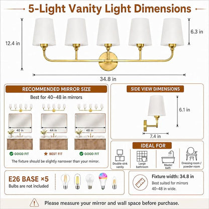 Bathroom Vanity Light, Brushed Gold Bathroom Lighting Fixtures Over Mirror | 5-Light Bathroom Light Fixtures with Flared White Fabric Shade, E26 Socket (ETL Listed)