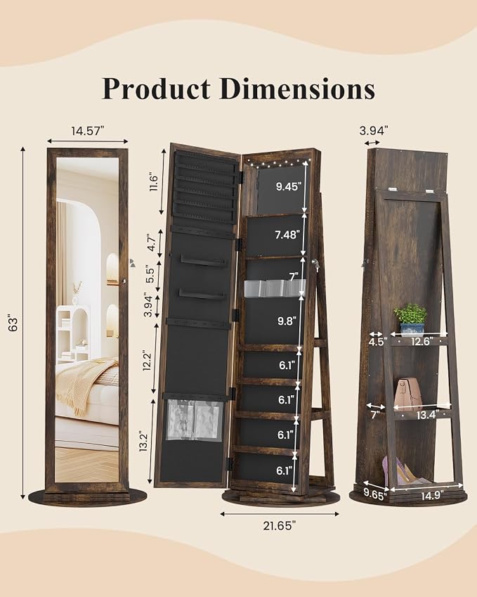 LVSOMT LED Jewelry Cabinet Standing, 360° Swivel Jewelry Armoire, Brown | Full Length Mirror with Storage, 3 Rear Shelves, Internal Mirror, 3 Color Lights, Lockable for Bedroom, Women Girls Gift
