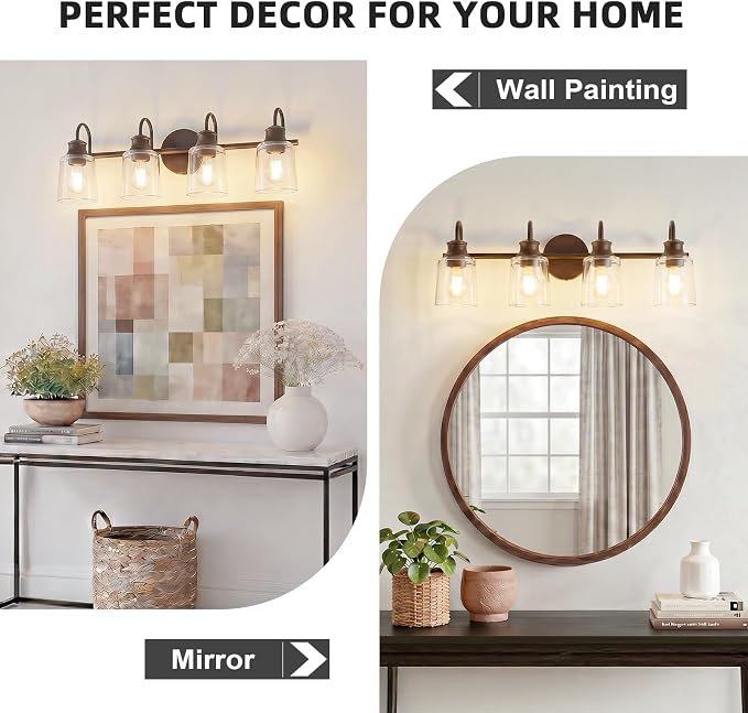 4 Lights Bathroom Light Fixture Oil Rubbed Bronze Vanity Lights | ETL Certificate, Easy to Install,Wall Mount Up or Down,Thickened Glass Lampshade,E26 Socket,Hardwired