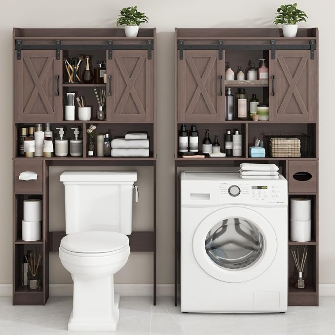 Vabches Over The Toilet Storage Cabinet with Sliding Doors, Espresso | Farmhouse Storage Cabinet Over Toilet, Home Space-Saving Toilet Rack, Toilet Paper Holder Stand,for Restroom,Bathroom,Laundry