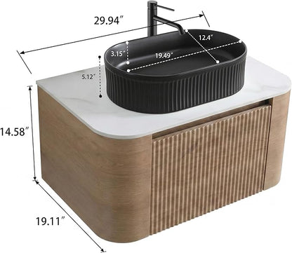 30" Preassembled Floating Bathroom Vanity with Black Sink, Oak | Mid-Century Modern Style, Fluted & Soft-Close Drawer with U-shaped Wall, Sinterted Stone Countertop, Towel Rack Included