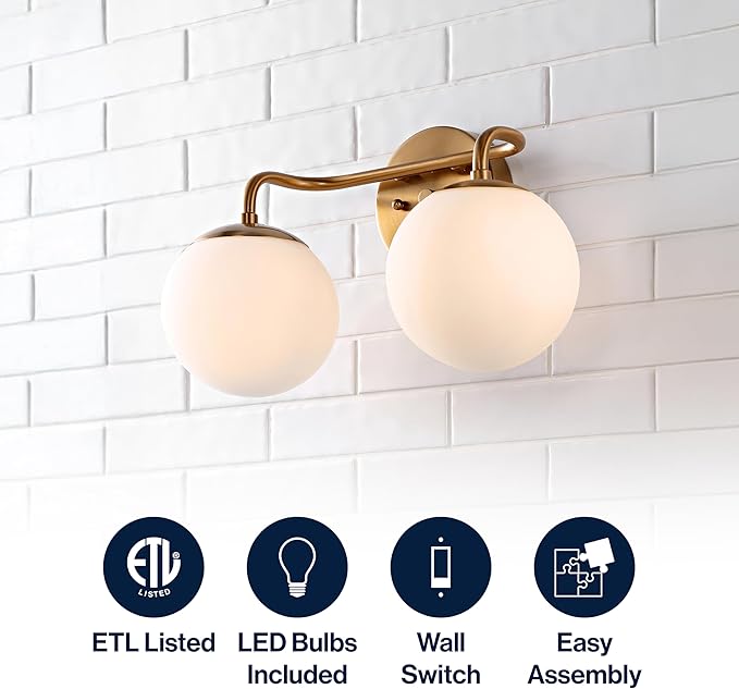 JONATHAN Y 15" Brass Gold Modern Globe Wall Sconce Vanity Light for Bathroom, White Frosted Glass Shade, Midcentury Parisian Bistro Wall Lamp, LED Bulb Included (JYL3535A)