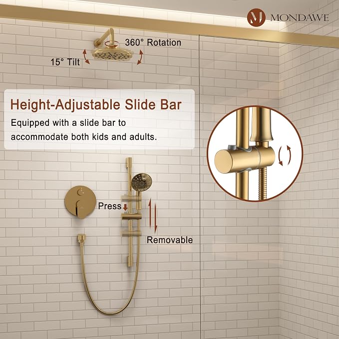 MONDAWE 8 Inch Wall Mounted Shower Faucet Set in Brushed Gold, Rainfall Shower Head with 3-Setting Handheld Spray Shower Set Combo, High Pressure Shower System with Solid Brass Valve
