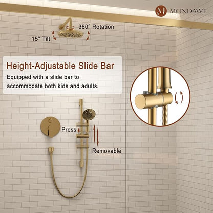 MONDAWE 8 Inch Wall Mounted Shower Faucet Set in Brushed Gold, Rainfall Shower Head with 3-Setting Handheld Spray Shower Set Combo, High Pressure Shower System with Solid Brass Valve