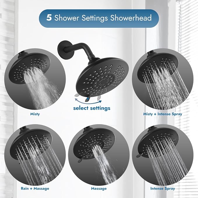 Bathtub Shower Faucet Set Wall Mounted 6 Inch 5-Spray Rainfall Shower Head with Rough-in Valve Single Handle Control Shower Trim Kit with Tub Spout, Matte Black