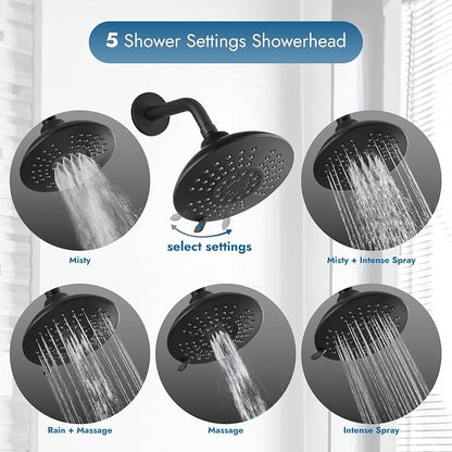 Bathtub Shower Faucet Set Wall Mounted 6 Inch 5-Spray Rainfall Shower Head with Rough-in Valve Single Handle Control Shower Trim Kit with Tub Spout, Matte Black
