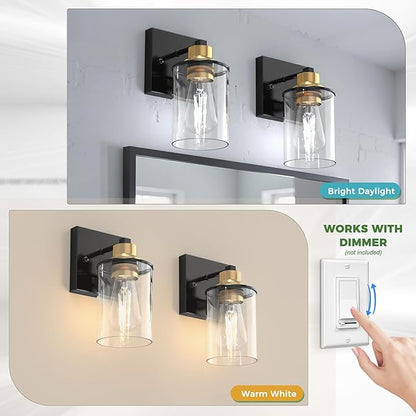 DORESshop Wall Sconces Set of 2 for Bathroom, Modern Vanity Light Fixtures with Clear Glass Shade, Black and Gold Wall Mount Lighting Lanterns for Bedroom Living Room Mirror Hallway Kitchen