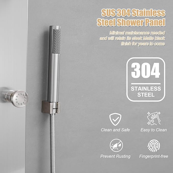Shower Panel Tower System, 4 in 1 Stainless Steel Rainfall Shower Panels with 4-Functions, 8 Body Massage Jets, Handheld Head, Wall Mounted Brushed Nickel