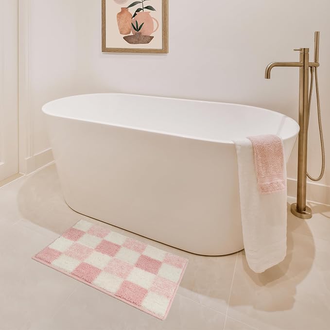 GRANNY SAYS Checkered Pink Bathroom Rug, 24" x 16", Cute Bath Mat | Soft Microfiber Bath Décor Rug, Absorbent, Machine Washable, Non slip TPR Backing, Fun bathroom rugs for Kid, Girl, Teen
