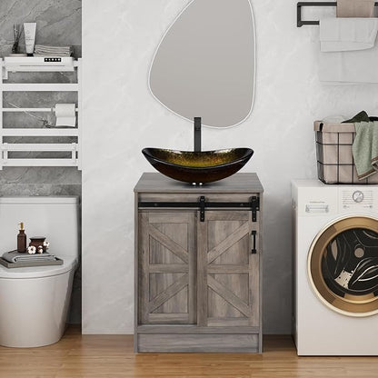 24" Farmhouse Bathroom Vanity with Sink, Bathroom Storage Cabinet with Sliding Barn Doors & Metal Handle, Freestanding Vanity with Tempered Gold Boat Glass Vessel Sink Combo Set