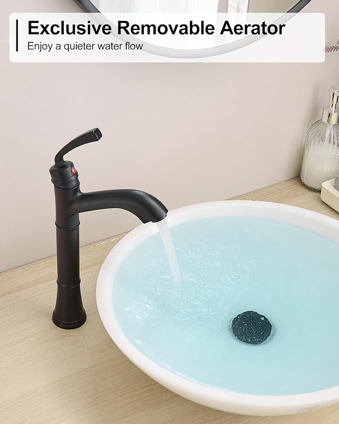 Brass Vessel Sink Faucet Black Single Handle, Tall Bathroom Faucets for Vessel Sinks 1 Hole with Pop-Up Drain, Pre-Installed Hoses, Removable Aerator