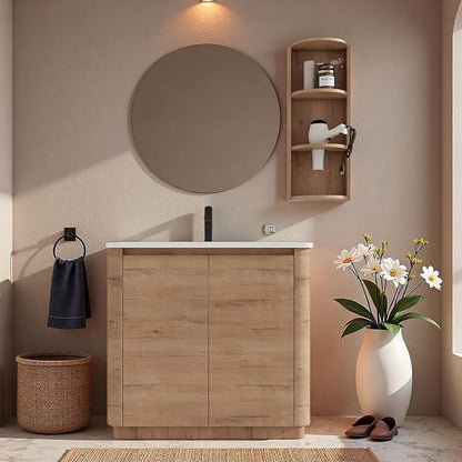 36" Bathroom Vanity with Ceramic Sink, Freestanding Bathroom Vanity with 2-Soft-Close Door, Semicircle Storage Rack & Inside Adjustable Shelves for Home, Farmhouse Floor Mount Vanity, Oak