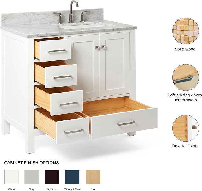 ARIEL Cambridge 36-inch Bathroom Vanity with Sink,Solid Wood, 0.75-inch Italian Carrara Marble Countertop, Single Rectangular Porcelain Sink, 2 Soft Closing Doors, 5 Dovetail Drawers, White