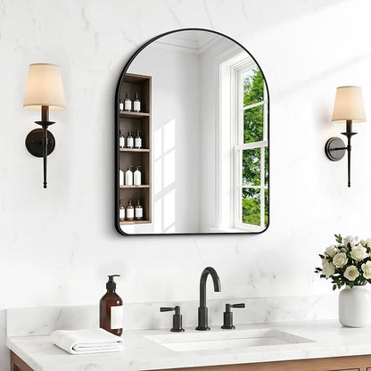 BONEWEI Arched Wall Mirror,24x30 inch Black Arched Mirror Bathroom,Vanity Mirror for Over Sink Metal Frame,Tempered Glass Arch Mirrors for Bedroom,Entryway,Living Room,Home Decor Shatter-Proof
