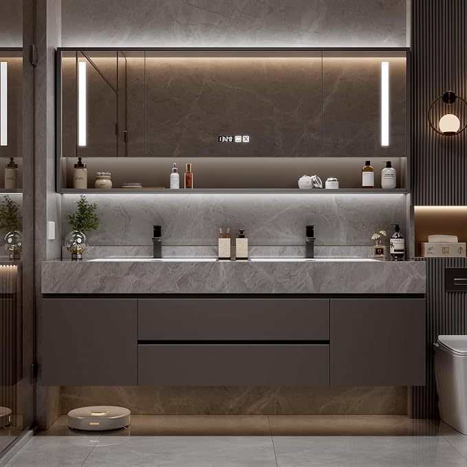 76" Modern Bathroom Vanity Double Sink with Seamless Quartz Countertop, Ceramic Undermount Basins & Storage Mirror, LED Anti-Fog, Time Temperature Display, for Bathroom Storage Organization