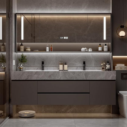 48" Modern Bathroom Vanity Double Sink with Seamless Quartz Countertop, Ceramic Undermount Basins & Storage Mirror, LED Anti-Fog, Time Temperature Display, for Bathroom Storage Organization