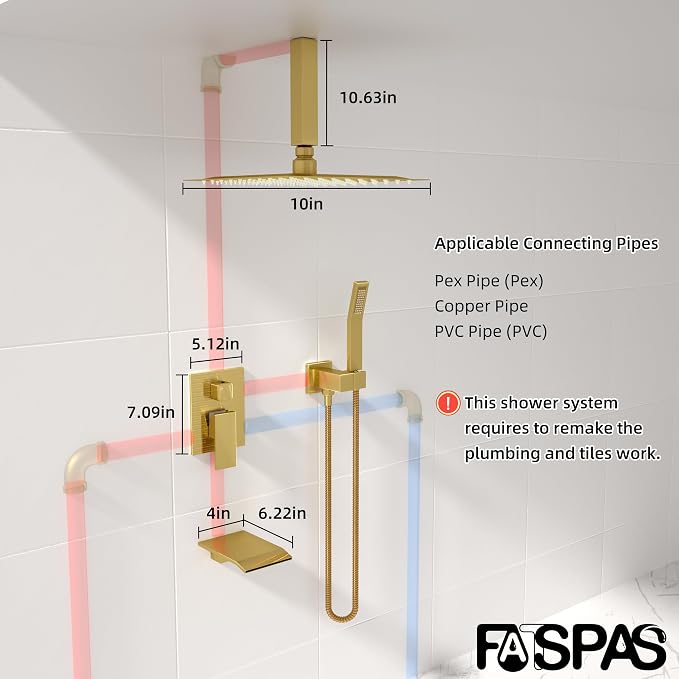 Shower System with 10-Inch Rain Head and Tub Spout | All-Metal Tub Shower Faucet Set, Ceiling Mount Rain Showerhead, Handheld Spray, Includes Valve and Trim Kit, Brushed Gold