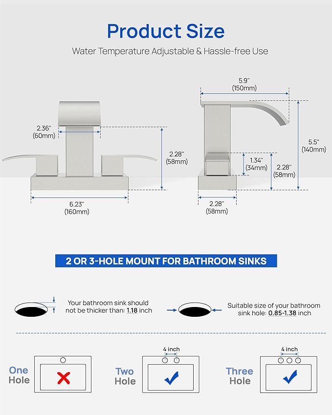 Waterfall Bathroom Sink Faucet Set with Pop Up Drain Stopper & Supply Lines - 4 Inch 2 Handles Centerset Faucet 2 or 3 Hole Lavatory Faucet Bathroom Vanity Mixer Tap Basin Faucets Brushed Nickel