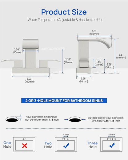 Waterfall Bathroom Sink Faucet Set with Pop Up Drain Stopper & Supply Lines - 4 Inch 2 Handles Centerset Faucet 2 or 3 Hole Lavatory Faucet Bathroom Vanity Mixer Tap Basin Faucets Brushed Nickel