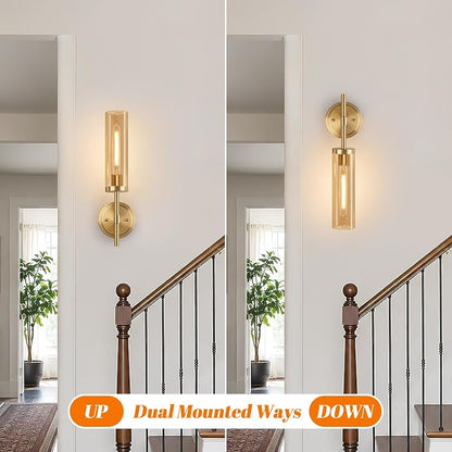 MOKATNG Hardwired Wall Sconces Set of Two, Brushed Gold Bathroom Sconces with Amber Glass, Modern Wall Light Fixtures for Bathroom Mirror Vanity, Living Room, Hallway, Stairway, Cabinet, Foyer