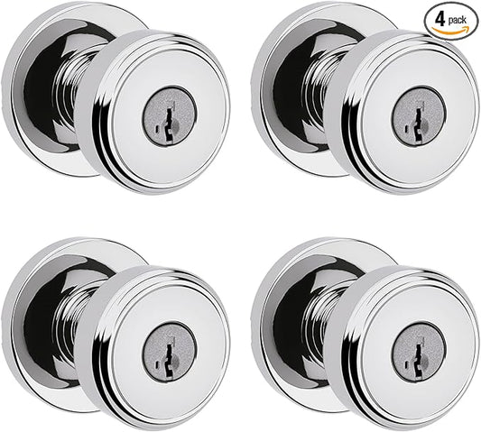 Kwikset Maven Entry Door Knob with Lock and Key, Secure Keyed Handle Exterior, Front Entrance and Bedroom, Polished Chrome, 4 Pack, Pick Resistant SmartKey Rekey Security