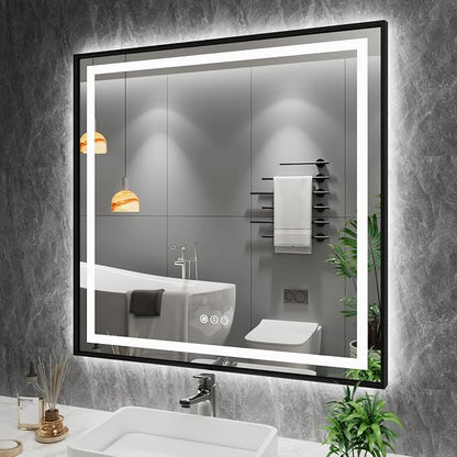 32"X32" LED Bathroom Mirror with Black Frame, Front Lit and Backlit | Metal Framed Mirror, Stepless Dimmable, HD Reflection, Anti-Fog, Shatter-Proof, Memory, 3 Colors Lighting, UL Listed.
