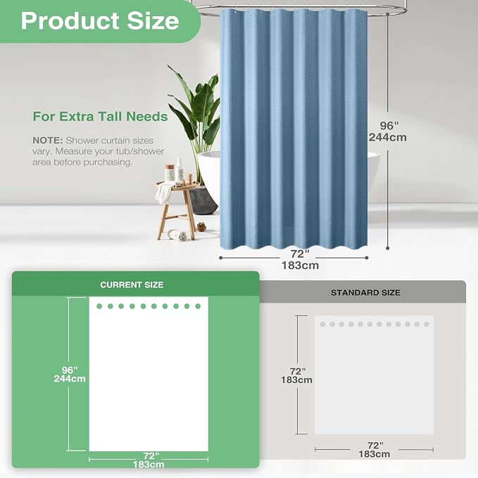 Extra Long Waffle Shower Curtain 256 GSM 72"x96" Moonlight Blue | 96 Inch Tall, Thick Cloth, Weighted Hem, Water Repellent, Hotel Luxury Polyester Shower Curtain Set for Bathroom 12 Hooks