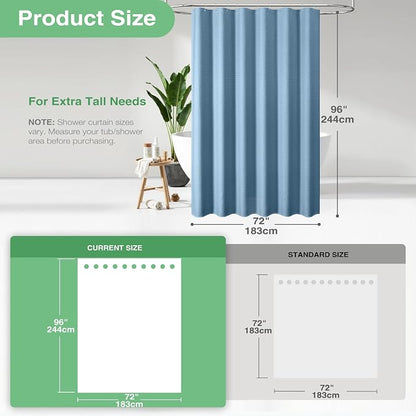 Extra Long Waffle Shower Curtain 256 GSM 72"x96" Moonlight Blue | 96 Inch Tall, Thick Cloth, Weighted Hem, Water Repellent, Hotel Luxury Polyester Shower Curtain Set for Bathroom 12 Hooks