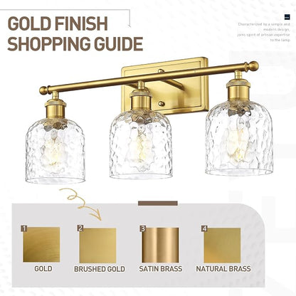 zeyu 21 Inch Bathroom Wall Sconce, 3 Light Sconces Wall Lighting Over Mirror, Brushed Gold Finish with Clear Hammered Glass, ZJF63B-3W BG