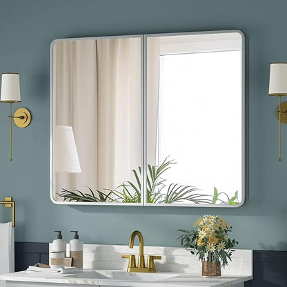 Bathroom Medicine Cabinet with Mirror 24x30Inch, Silver Medicine Cabinet Recessed or Surface Wall-Mounted, Mirrored Cabinets with Sturdy Metal Adjustable Shelves for Bathroom Vanity