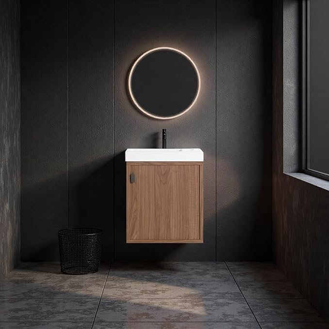 18.5" Bathroom Vanity with Resin Sink, Modern Wall-Mounted Floating Bathroom Vanity with Soft Closed Single Door for Home, Undermount Storage Cabinet, Easy to Clean, Natural Walnut