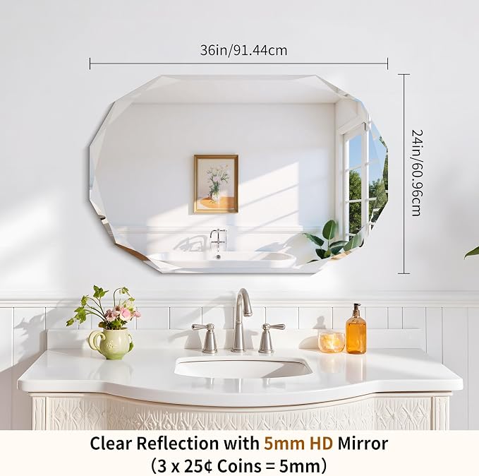 GLASHOM Frameless Oval Bathroom Mirror, 24x36 inch Beveled Wall Mirror | Modern Vanity Decor Mirror for Bathroom, Living Room, Entryway, Bathroom Mirrors for Over Sink Horizontal or Vertical
