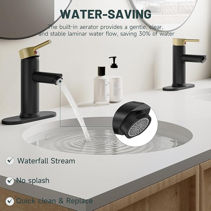 Bathroom Sink Faucet, Greenspring Black and Gold Bathroom Faucets Single Handle Bathroom Vanity Faucet for 1 Hole or 3 Holes with Pop Up Drain, Brass