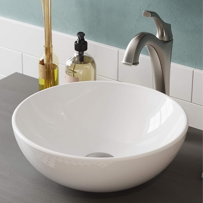 KRAUS Elavo 14-inch Round White Porcelain Ceramic Bathroom Vessel Sink and Spot Free Arlo Faucet Combo Set with Pop-Up Drain, Stainless Brushed Nickel C-KCV-341-1200SFS