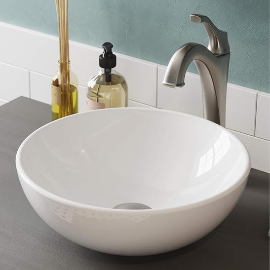 KRAUS Elavo 14-inch Round White Porcelain Ceramic Bathroom Vessel Sink and Spot Free Arlo Faucet Combo Set with Pop-Up Drain, Stainless Brushed Nickel C-KCV-341-1200SFS