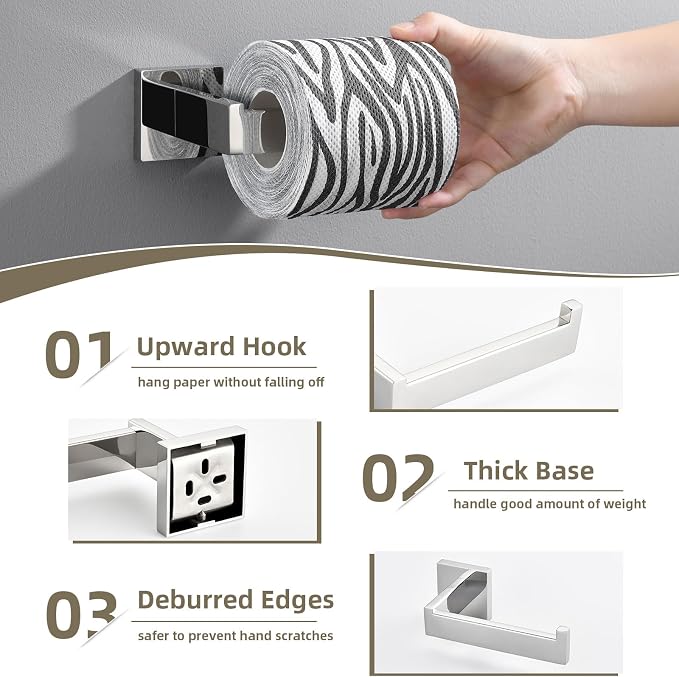 Suyar Polished Chrome Bathroom Hardware Set, Bathroom Accessories 4 Pieces | Include Robe Hook, Toilet Paper Holder, Hand Towel Holder, Towel Bar, SUS304 Stainless Steel, Wall Mounted