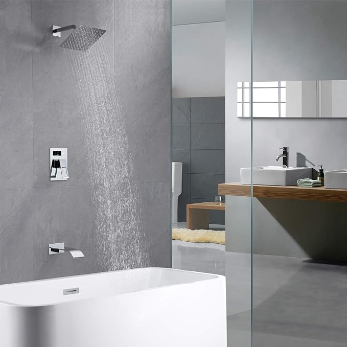 SUMERAIN Tub and Shower Faucet Set Chrome Finish | Waterfall Tub Spout, Anti-scalding Pressure Balance Valve, 8 Inch High Pressure Shower Head