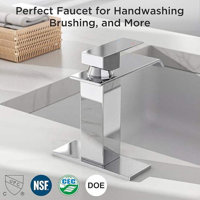 FORIOUS Bathroom Faucet 1 Hole Single Handle Vanity Sink Faucets Chrome | Sqaure Waterfall Spout, 1 or 3 Hole 4 Inch Centerset Sink with Drain and Hoses, for Vanity Rv Commercial Lavatory Restroom