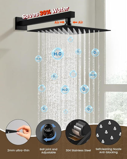 gotonovo Tub Shower Faucet Set with Valve 10'' Rain Head,Matte Black | Waterfall Tub Spout Shower System,Bathtub Faucet Set,SUS304 Rain Head with Handheld,Brass Valve Trim Kit,All Metal,Wall Mount