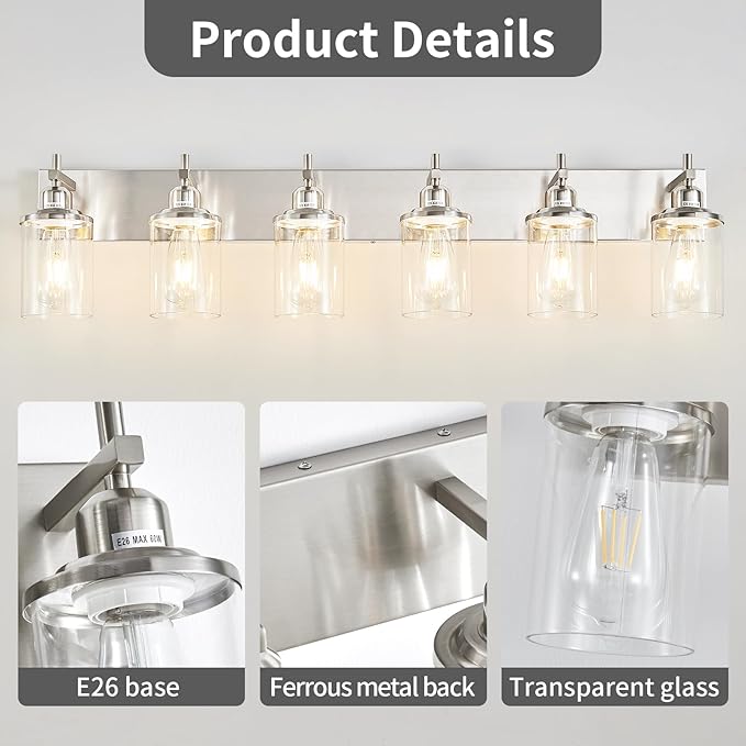 6-Light Brushed Nickel Bathroom Light Fixture Over Mirror Modern Bathroom Vanity Light Vintage Wall Lighting with Clear Glass Shade for Bathroom, Bedroom, Hallway, Cabinet
