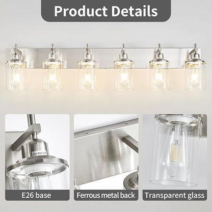 6-Light Brushed Nickel Bathroom Light Fixture Over Mirror Modern Bathroom Vanity Light Vintage Wall Lighting with Clear Glass Shade for Bathroom, Bedroom, Hallway, Cabinet