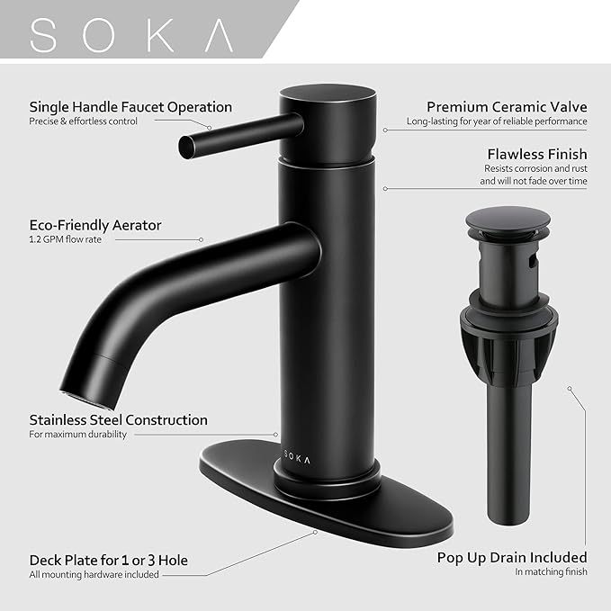 Bathroom Sink Faucet Single Handle Stainless Steel Lavatory Commercial Bathroom Faucet Bathtub Vanity Faucets with Deck Plate & Pop-Up Drain Assembly Fit for 1 & 3 Hole, Matte Black