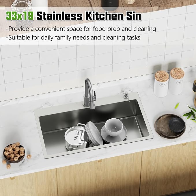 33x19 Inch Drop In Kitchen Sink-Stainless Steel Topmount Modern Single Bowl Kitchen Sink Come With Silicon Mat, Drain Strainer Set Offer Large Basin And Compatibility With Various Kitchen&Bar Style