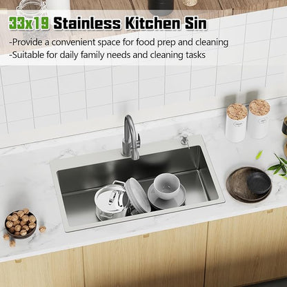 33x19 Inch Drop In Kitchen Sink-Stainless Steel Topmount Modern Single Bowl Kitchen Sink Come With Silicon Mat, Drain Strainer Set Offer Large Basin And Compatibility With Various Kitchen&Bar Style
