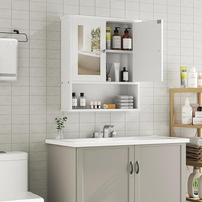 Shintenchi Bathroom Medicine Cabinet with Mirror, Wall Mounted, White | Over The Toilet Cupboard, Adjustable Shelf, Open & Concealed Storage, 2 Magnet Doors, Space-Saving, Easy to Clean