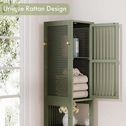 Amazer 70'' Tall Bathroom Storage Cabinet Bamboo, Slim Storage Cabinet with Rattan Door and Adjustable Shelves, Narrow Freestanding Organizer for Living Room Kitchen, Forest Green
